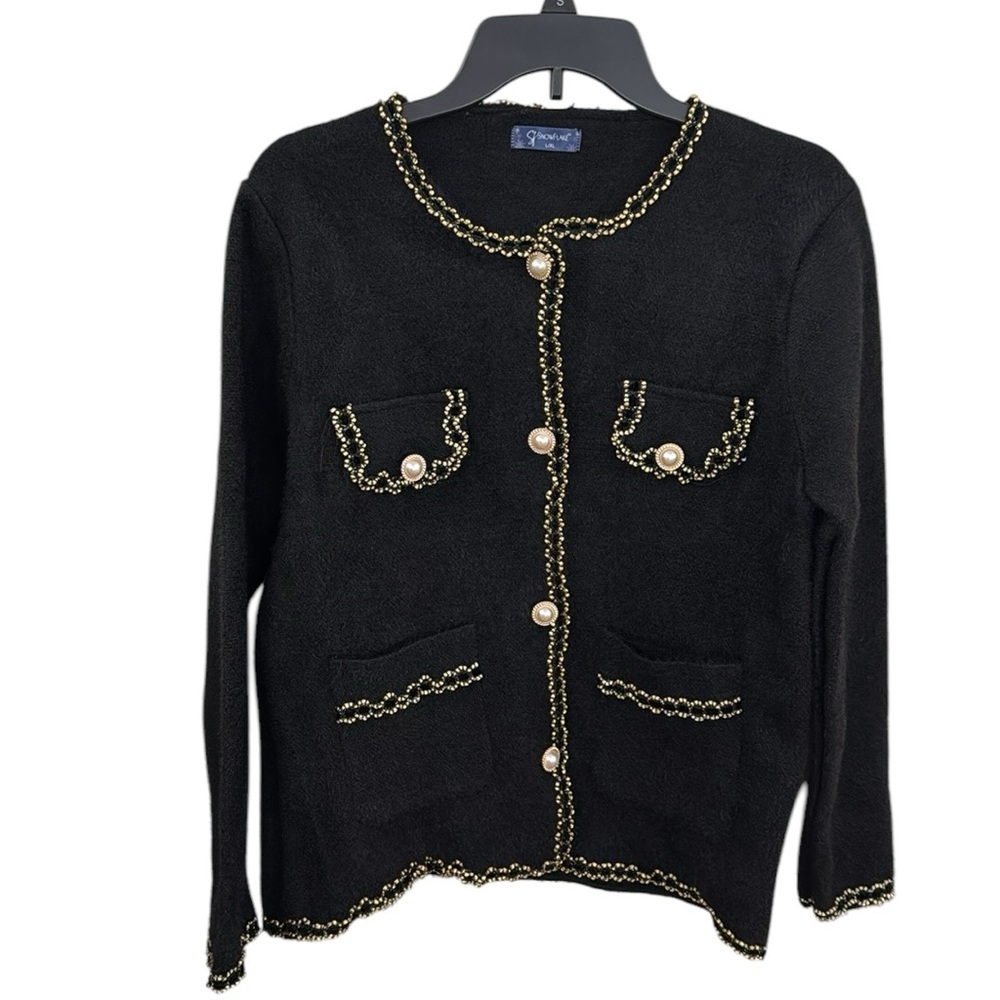 Snowflake black ladylike Knit Jacket gold thread trim Size L / XL